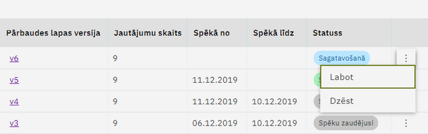 Izdzēst versiju, kas atrodas statusā Sagatavošanā