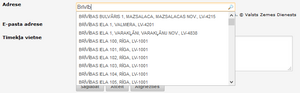 Adrešu lauka izvēles iespējas, sākot ievadīt teksta simbolus