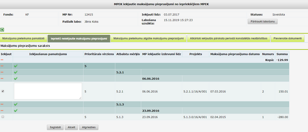 Neiekļauto maksājumu pieprasījumu tabula