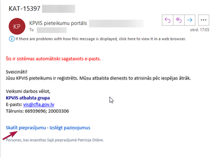 KPVIS atbalsta portāla automātiskais e-pasts